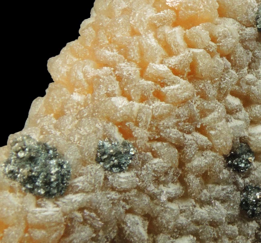Detail view of mineral Stilbite-Ca with Calcite and Pyrite (best of find) for sale from 700' level, Sta.167, Queens Tunnel of NYC Water Tunnel #3, Woodside, Queens, New York City, Queens County, New York