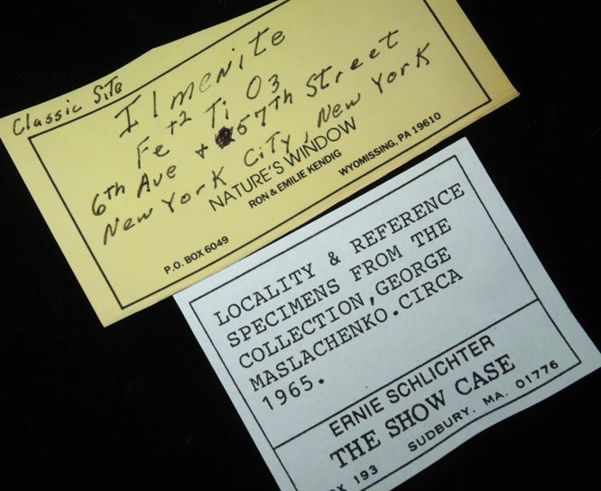 Detail view of mineral Ilmenite var. Washingtonite in Quartz for sale from 56th Street between Broadway and Sixth Avenue, Manhattan Island, New York City, New York County, New York