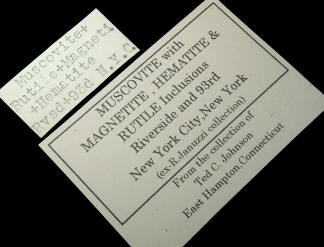 Detail view of mineral Muscovite with oriented magnetite, rutile, hematite inclusions for sale from 93rd Street at Riverside Drive, Manhattan Island, New York City, New York County, New York