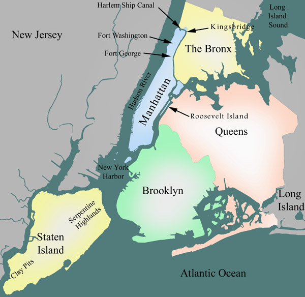 The Minerals of New York City: Overview of the five boroughs of New York City and location of the major mineral localities discussed in the article. 