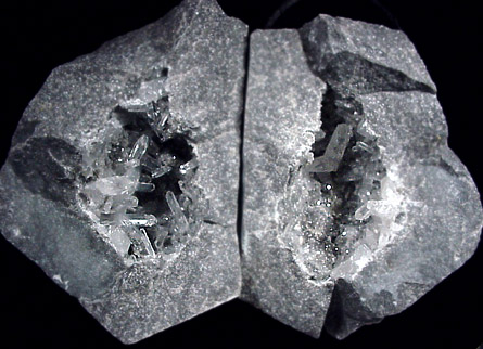 Mineral Specimens: Quartz crystal pocket (2 halves) from Near foundation of Henry Hudson Bridge, Inwood Hill Park, Manhattan Island, New York City, New York