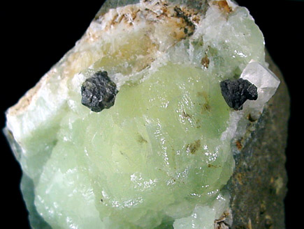 Mineral Specimens: Sphalerite and Clacite on Prehnite from Millington Quarry, Millington, New Jersey
