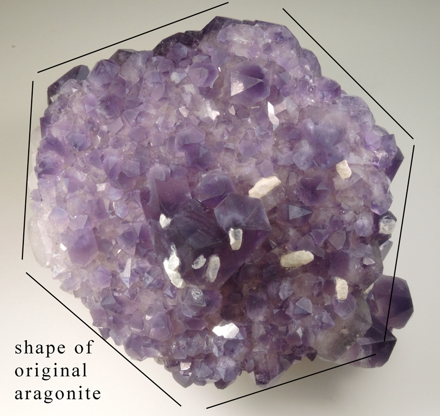 Quartz var. Amethyst pseudomorph after Aragonite with Calcite from Alto Uruguai, Rio Grande do Sul, Brazil