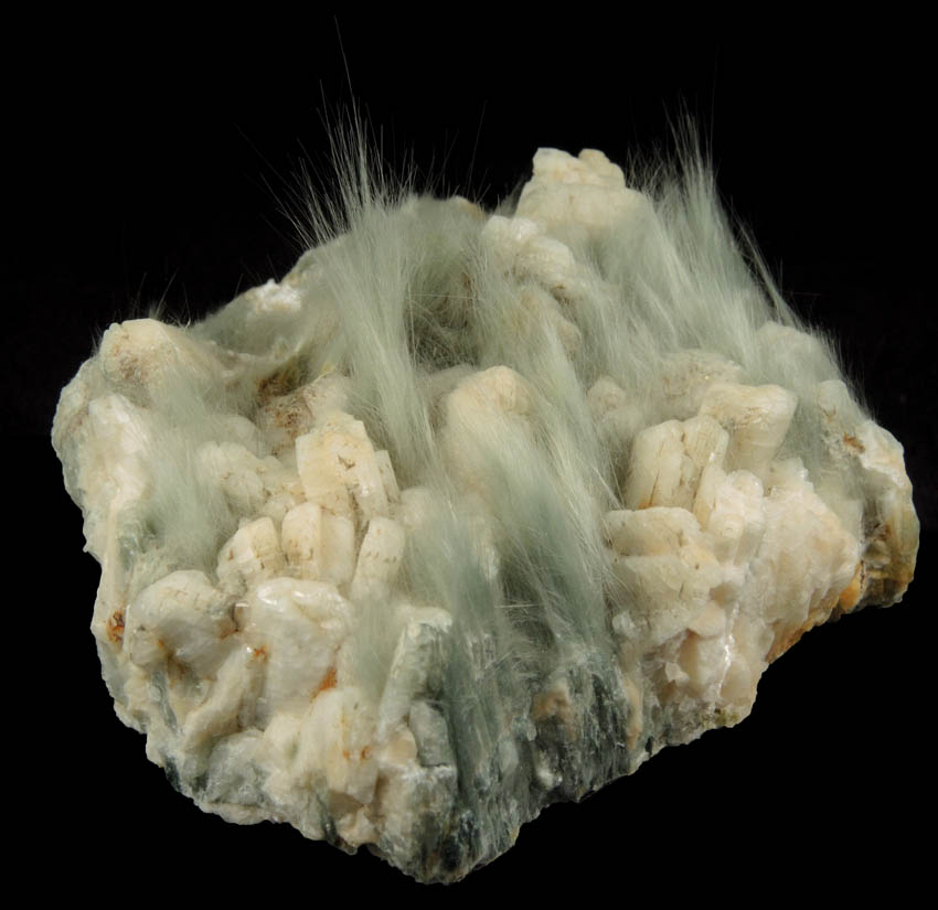 Actinolite var. Byssolite on Albite from Champorcher, Valle d'Aosta, Italy