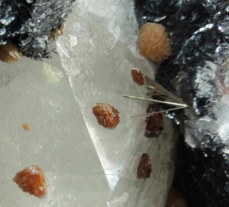 Millerite with Calcite, Quartz, Ankerite, Hematite from Sterling Mine, Antwerp, Jefferson County, New York