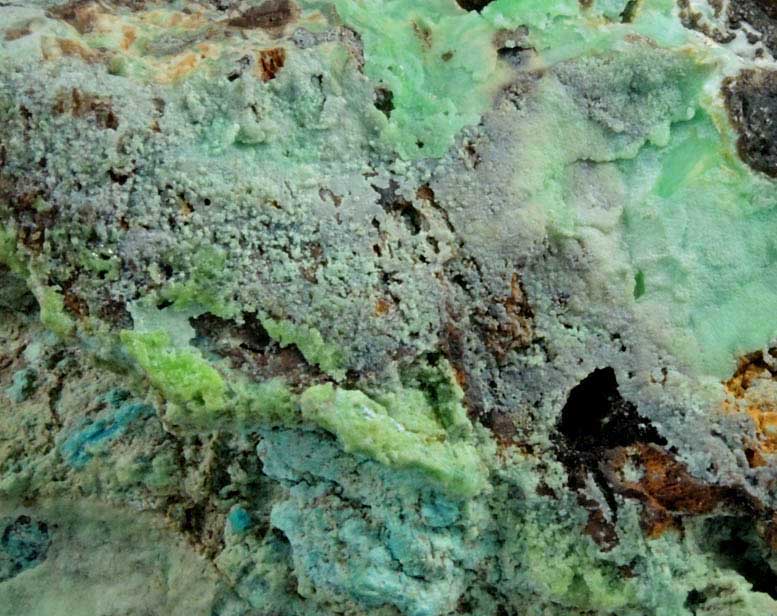 Mottramite, Phosphohedyphane, Chrysocolla, Goethite from Cove Vein, Whytes Cleuch, Wanlockhead, Dumfriesshire, Scotland