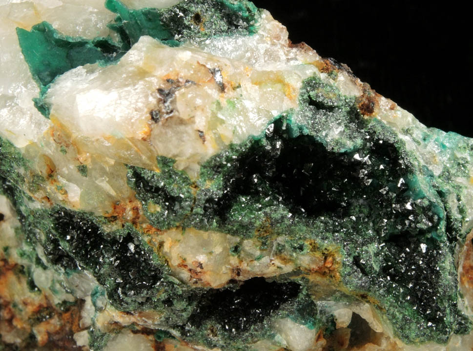 Olivenite and Cornwallite on Quartz from Bawden's Shaft, Wheal Gorland, St. Day, Cornwall, England (Type Locality for Cornwallite)