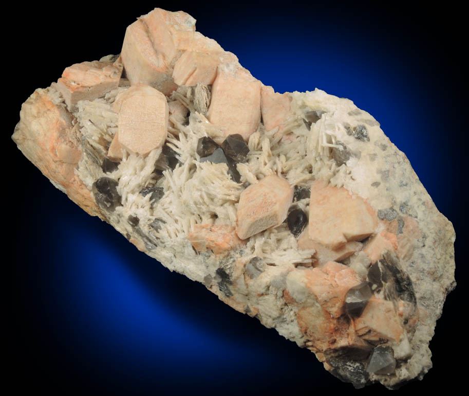 Albite var. Cleavelandite over Microcline and Smoky Quartz from Boulder-Ravine Site, Moat Mountain, Bartlett, Carroll County, New Hampshire